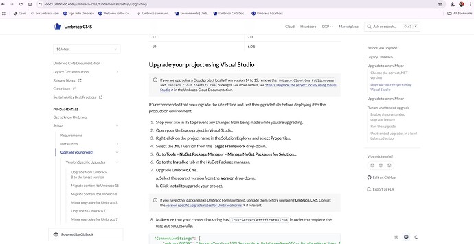 A computer screen displays documentation for upgrading a project using Visual Studio within the Umbraco CMS, providing step-by-step instructions and recommendations for a successful upgrade process. (Captioned by AI)
