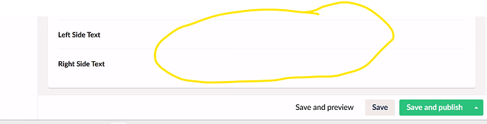 The image shows a user interface with text fields labeled "Left Side Text" and "Right Side Text", and buttons for "Save and preview", "Save", and "Save and publish". (Captioned by AI)