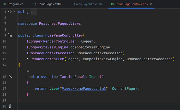 This screenshot shows the code for a HomePageController class in a C# project, inheriting from RenderController and returning the "Views/HomePage.cshtml" view in its Index action. (Captioned by AI)
