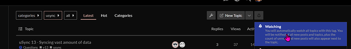 A web forum lists topics with the title "uSync 13 - Syncing vast amount of data" and displays a notification that the user is now watching all topics with the uSync tag. (Captioned by AI)