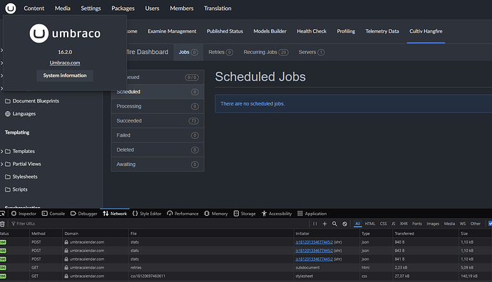 The Umbraco platform shows the "Scheduled Jobs" section with a message stating that there are no scheduled jobs and the network tab shows multiple successful requests to umbracalendar.com. (Captioned by AI)
