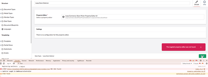 The image shows a web application interface with an error message "The targeted property editor was not found," along with a console displaying an API error indicating that the data type could not be found. (Captioned by AI)