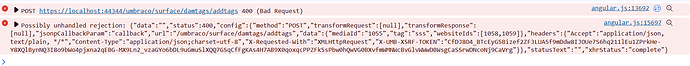 The image displays error messages in a web development context, indicating a "400 Bad Request" error when trying to post data to a local Umbraco surface endpoint, along with details of the rejection including the request configuration and headers. (Captioned by AI)