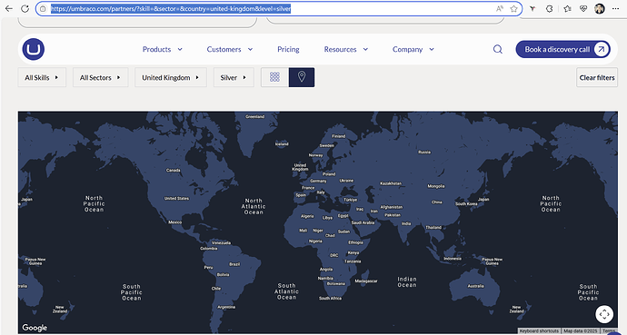 A world map is displayed on the Umbraco website, filtered to show partners with skills in all sectors in the United Kingdom who are at the silver level. (Captioned by AI)