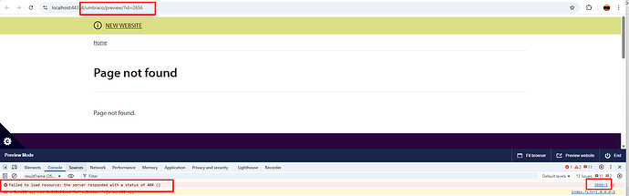 A browser window displays a "Page not found" message at the URL localhost:4434/umbraco/preview/?id=2656, accompanied by a console error indicating a failed resource load with a 404 status. (Captioned by AI)