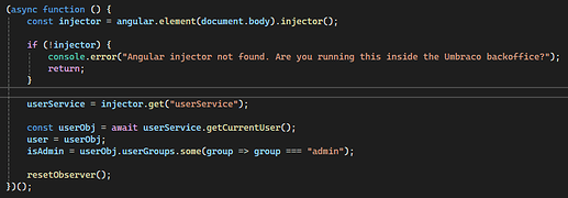 A snippet of JavaScript code attempts to retrieve the user service from an Angular injector and checks if the user is an administrator. (Captioned by AI)