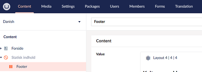 An Umbraco content management system screen capture shows a highlighted "Footer" selection in the left-hand navigation panel and a "Footer" label and "Content" section with "Value" shown as "Layout 4 4 4" in the main content area. (Captioned by AI)