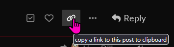 A pink hand is shown selecting the link icon within a set of icons that includes a check mark, heart, and a reply symbol, with a pop-up message that reads "copy a link to this post to clipboard." (Captioned by AI)