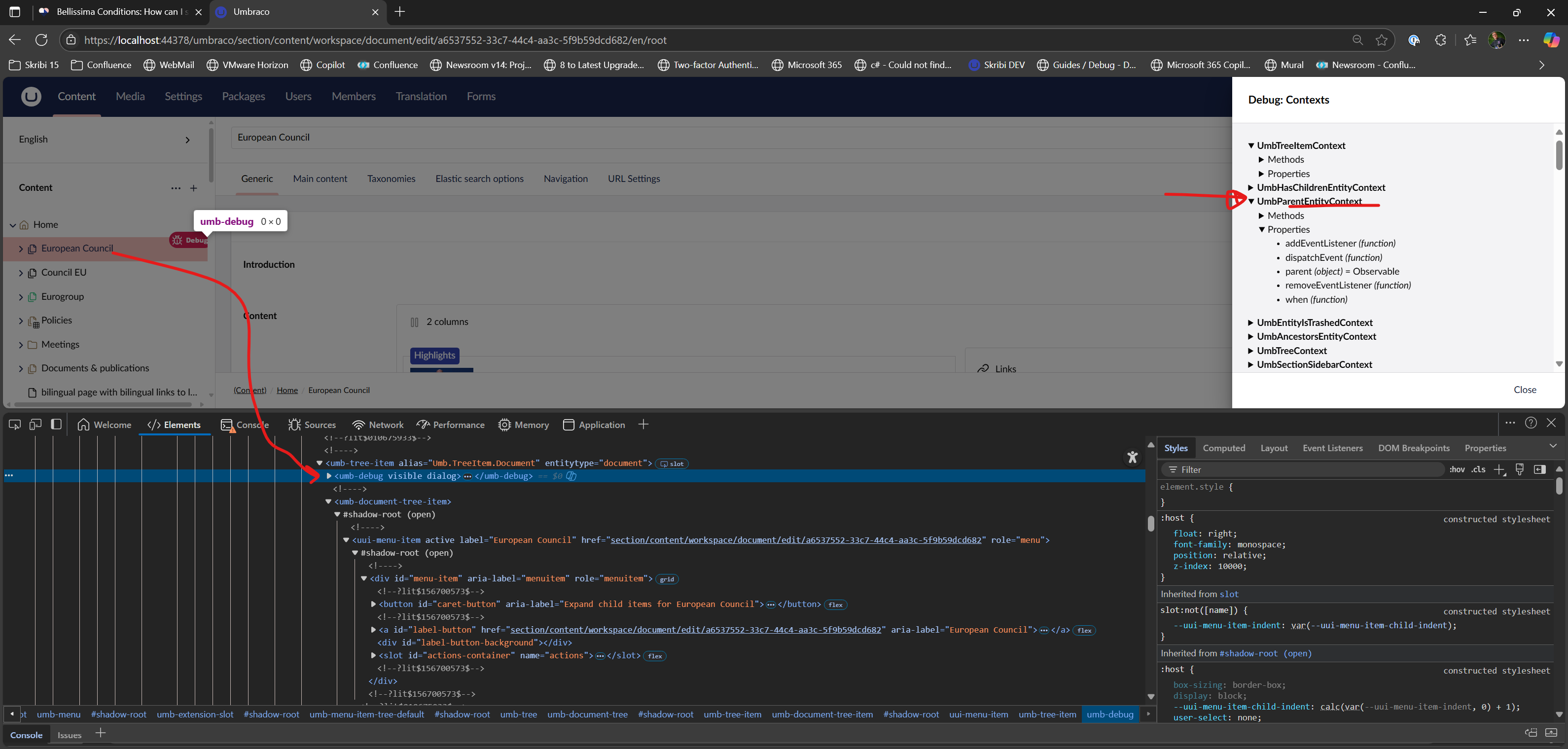 An image shows a computer screen with the UI of a content management system, the HTML code, and debug contexts, which are all marked with red arrows. (Captioned by AI)