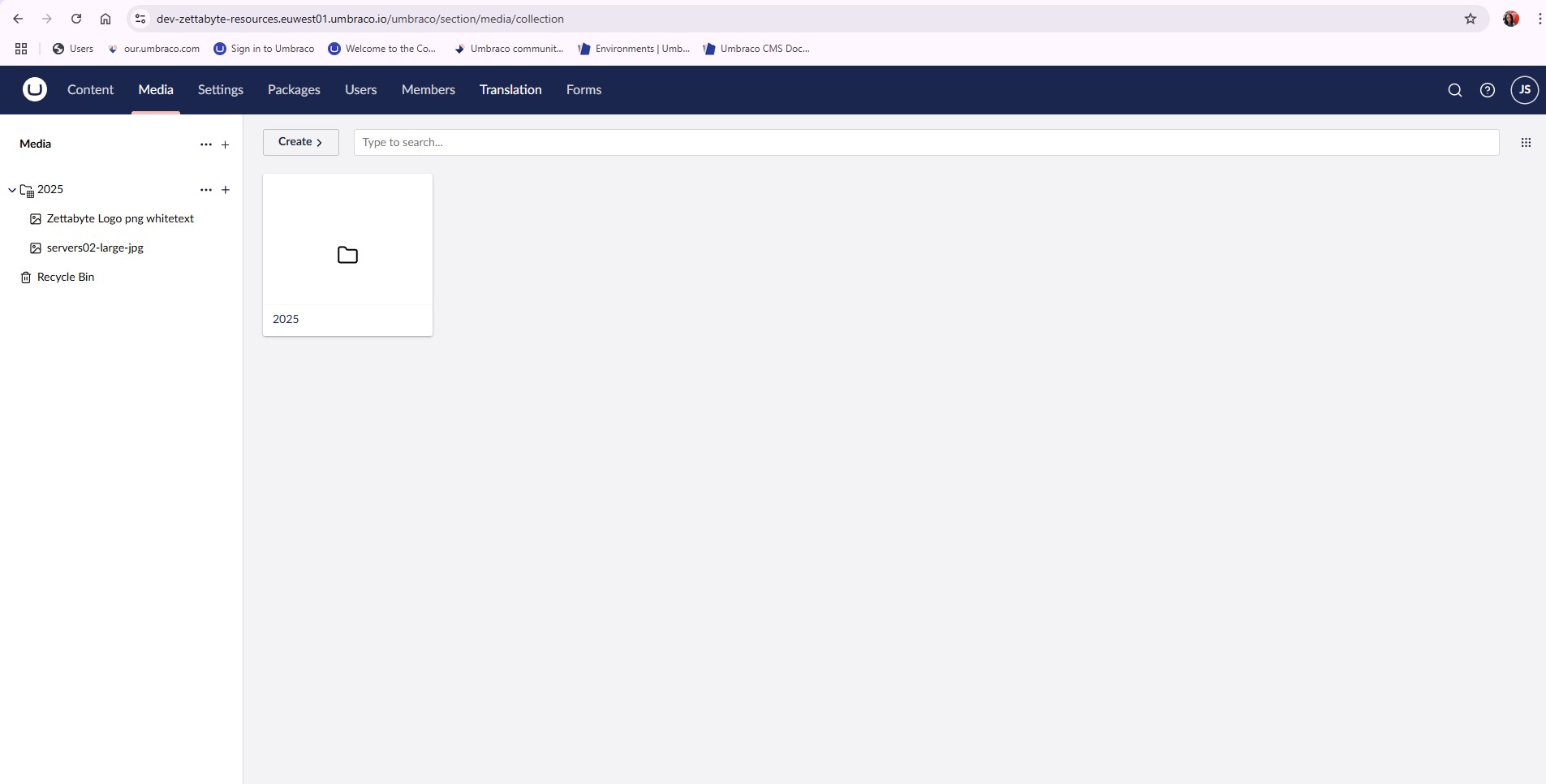 The Umbraco CMS is showing a 'Media' section with a folder named '2025' selected and an empty folder with the same name displayed in the content area. (Captioned by AI)