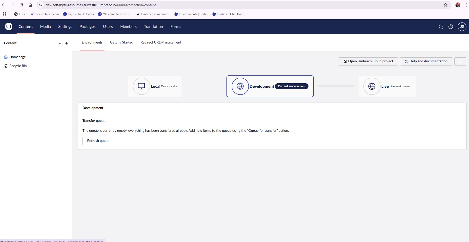 Screenshot of the Umbraco content management system interface, showing environments linked from local, to development, to live. (Captioned by AI)