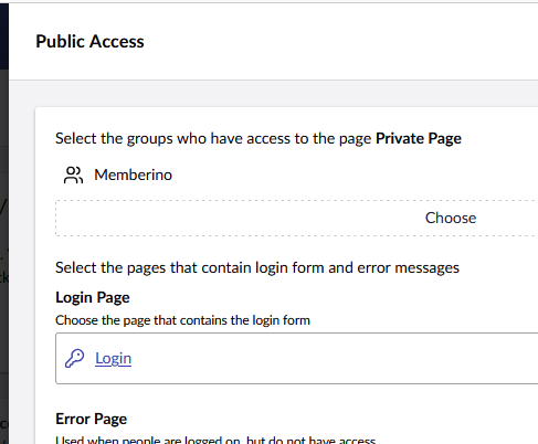 Screenshot of public access section of Umbraco back office, with the Login node picker highlighted.