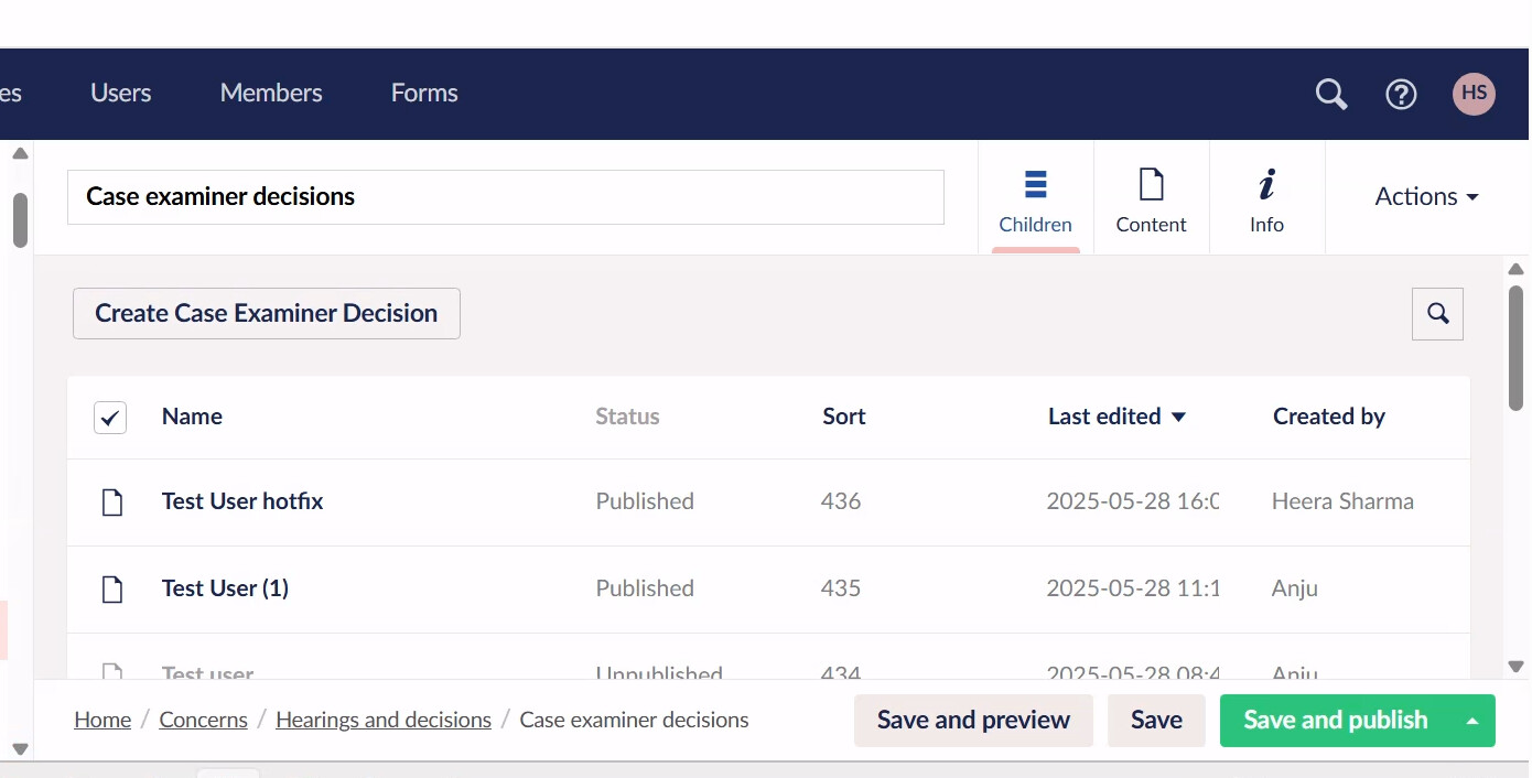 A webpage titled "Case examiner decisions" displays a list of test users with details like status, sort order, last edited date, and creator, along with options to create, save, and publish decisions. (Captioned by AI)