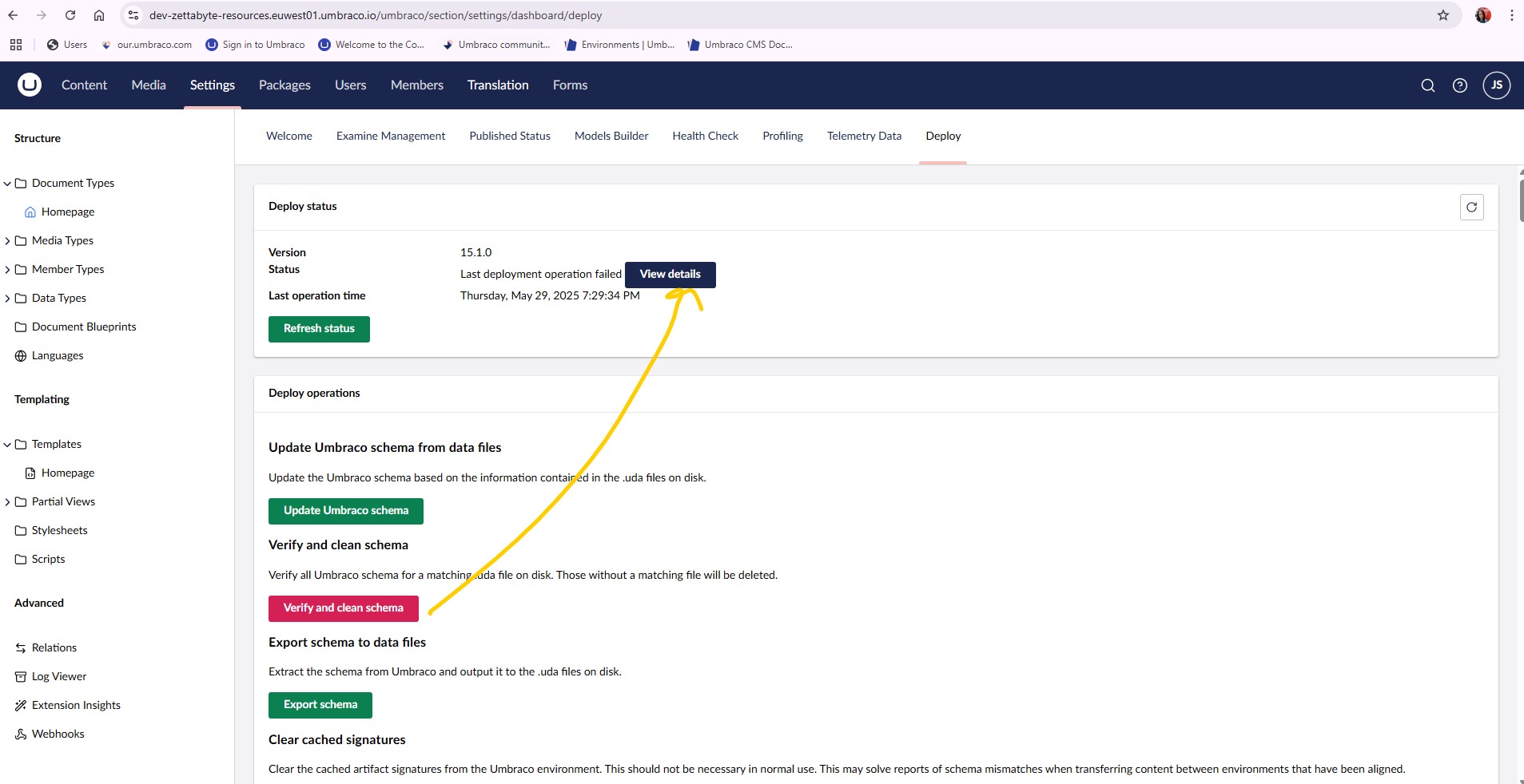 The screenshot shows the Umbraco deployment dashboard indicating a failed deployment operation with the option to view details. (Captioned by AI)