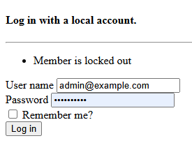 The image shows a login screen with the username "admin@example.com," a masked password, a "Remember me?" checkbox, and a "Log in" button, along with a notification that the "Member is locked out." (Captioned by AI)
