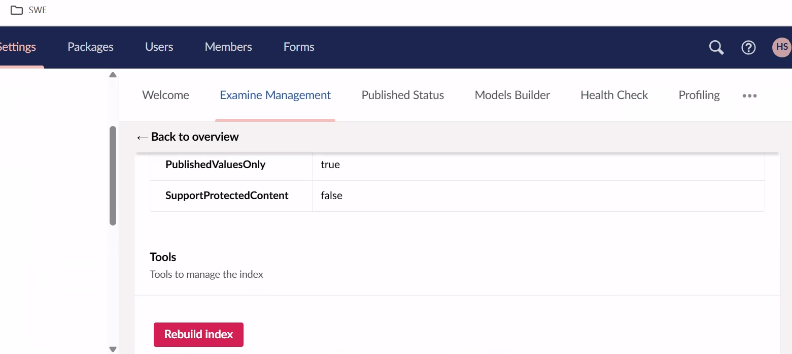 The image displays the "Examine Management" settings within a software interface, showing that only published values are included and protected content is not supported, with a tool to rebuild the index. (Captioned by AI)