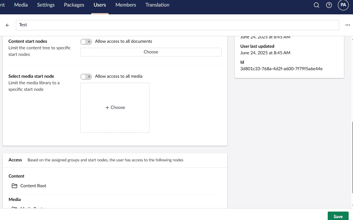The image shows the user settings screen with options to limit content and media access, with settings to allow access to all documents and media currently disabled. (Captioned by AI)